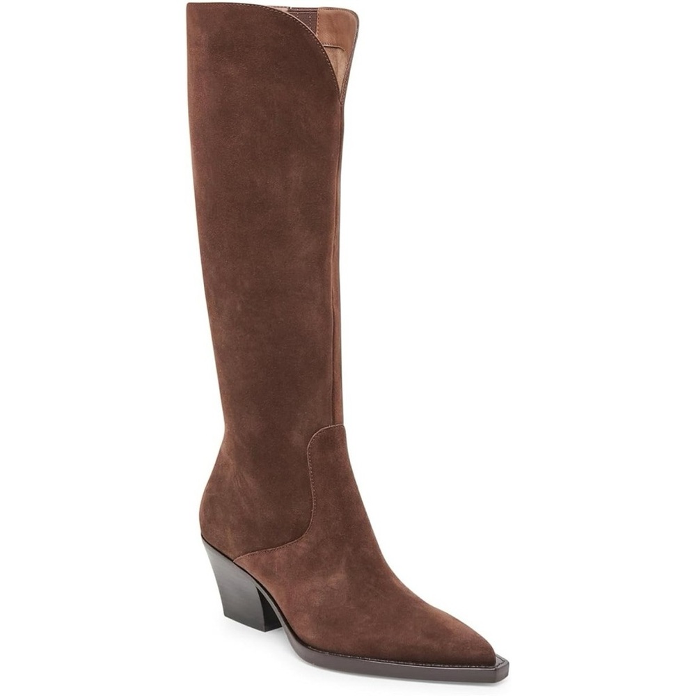 NWOB Dolce Vita Raj Dark Brown Suede Knee High Western Pointy Wide Calf Boot 6